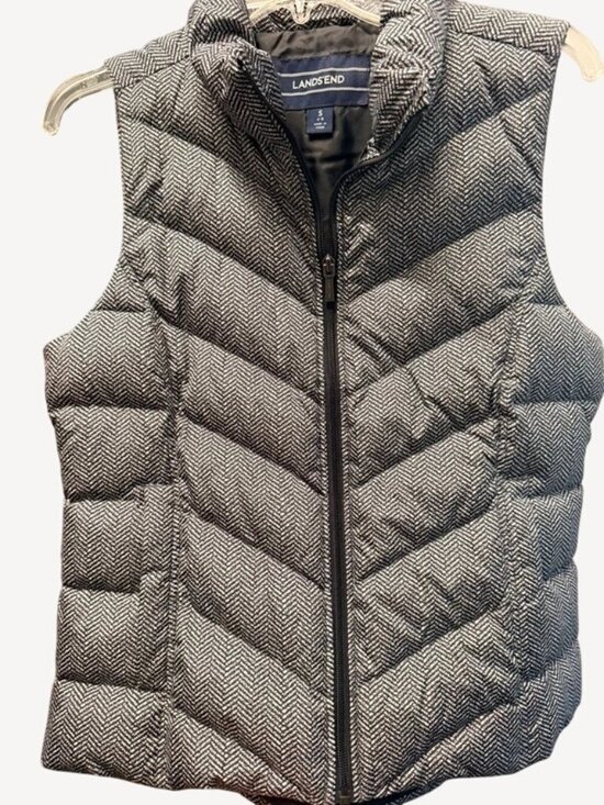 Lands' End Jackets & Blazers - Lands’ End Women’s Puffer Vest Small Black White Herringbone Full Zip Quilted